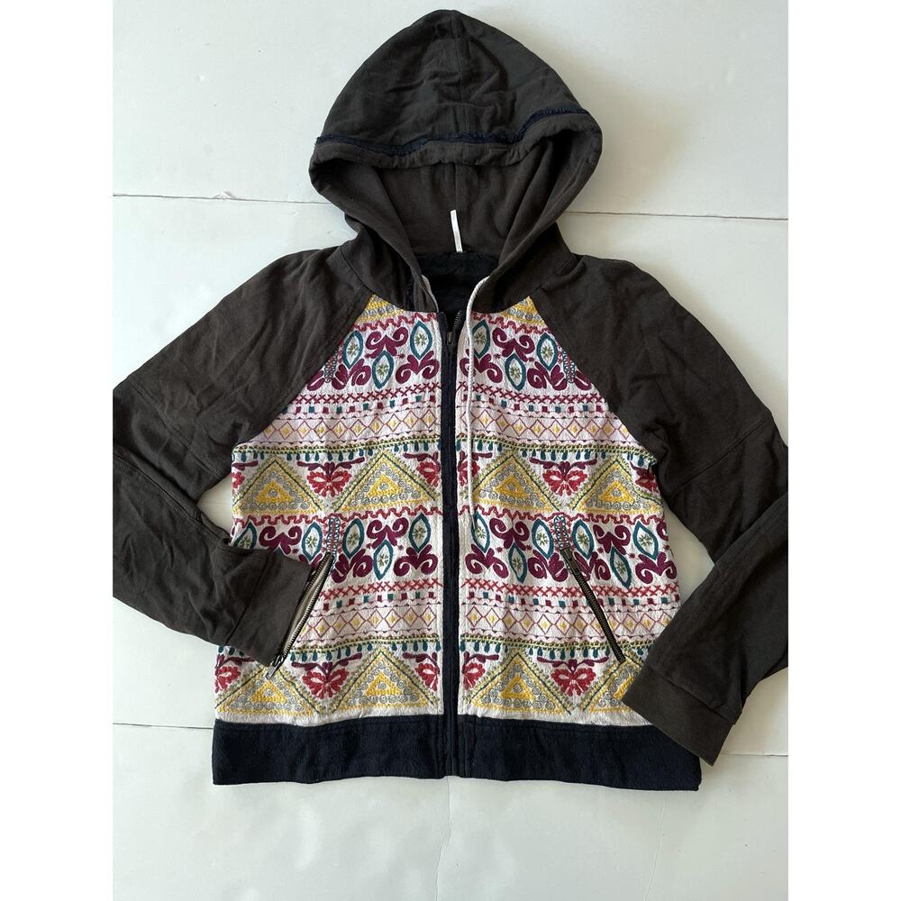 Free People Hoodie Womens M Brown Multicolor Aztec Embroidered Full Zip Boho